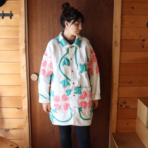 Handmade Jackets & Blazers - Upcycled Quilt Chore Coat Barn Jacket Appliqué XL • 2XL
